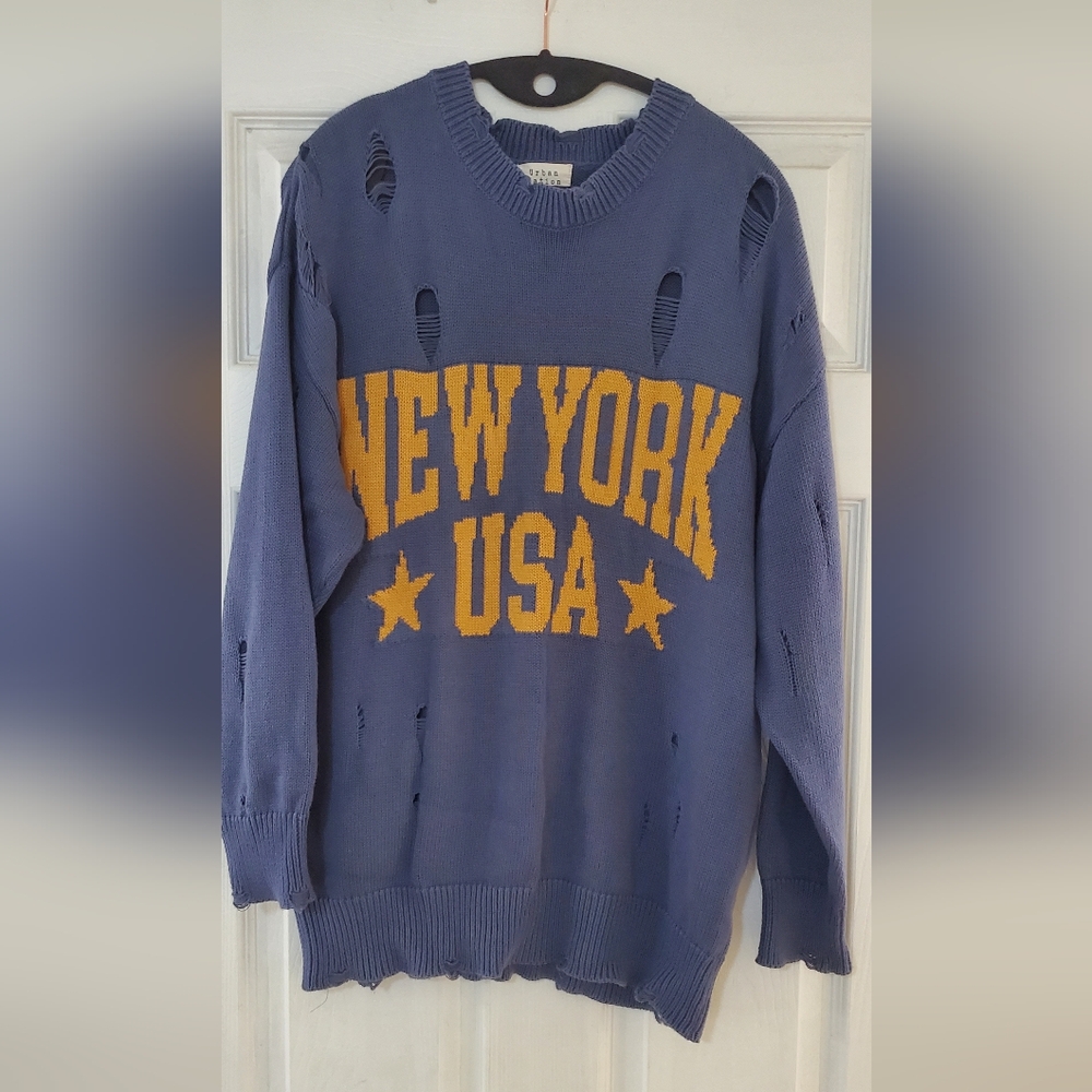 Urban Nation Blue "New York USA" Distressed Oversized Sweater size M